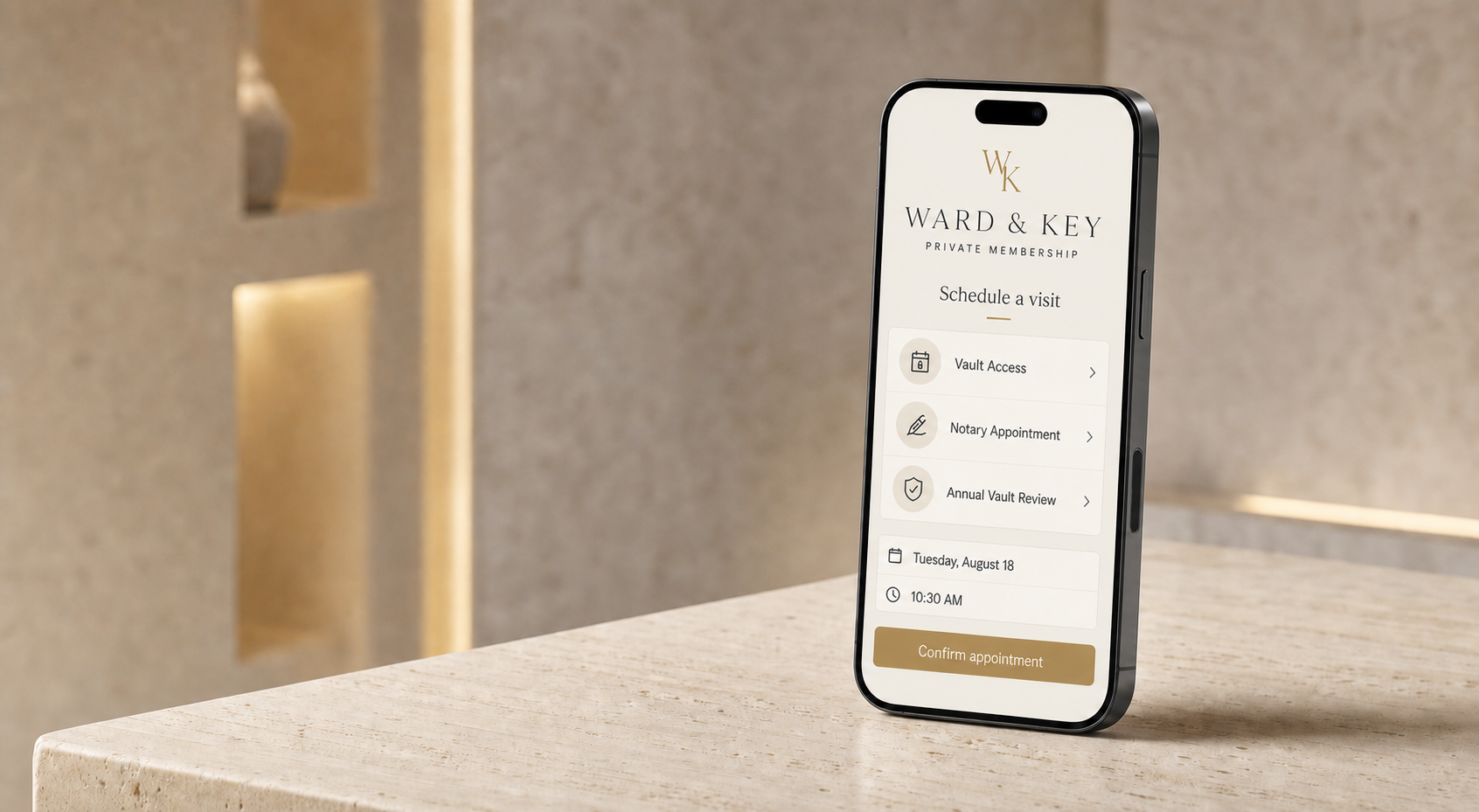 Concept rendering of the Ward and Key member app scheduling a private vault visit